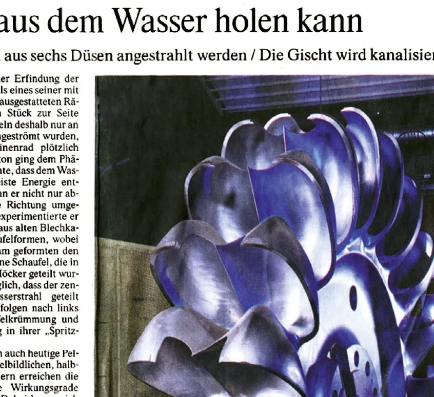 Ausschnitt aus dem Artikel der Frankfurter Allgemeinen Zeitung vom 13. September 2011: Textspalte und Foto eines Pelton-Laufrads